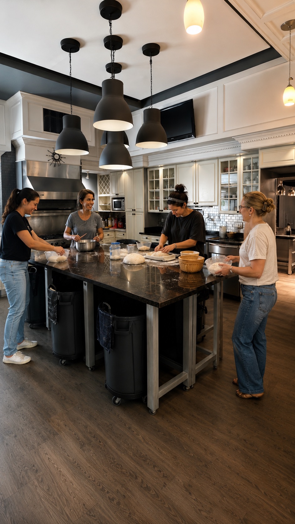 Women gathering around a kitchen worktable for a shared experience