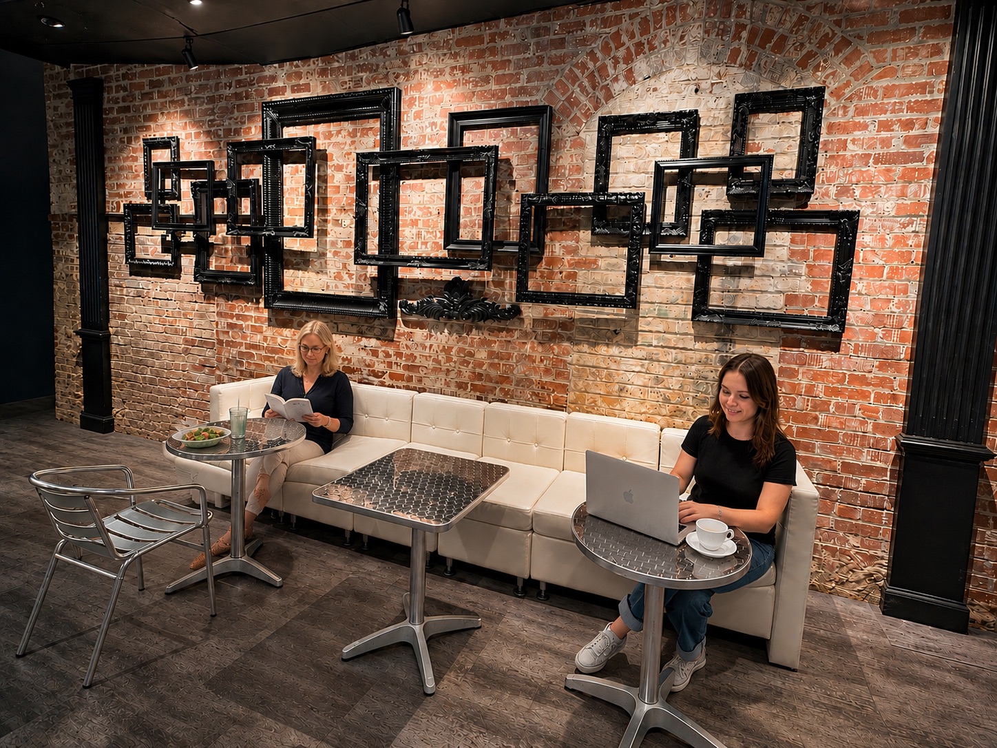 Two women reading and working on a laptop at cafe tables against the club's brick-and-frame wall